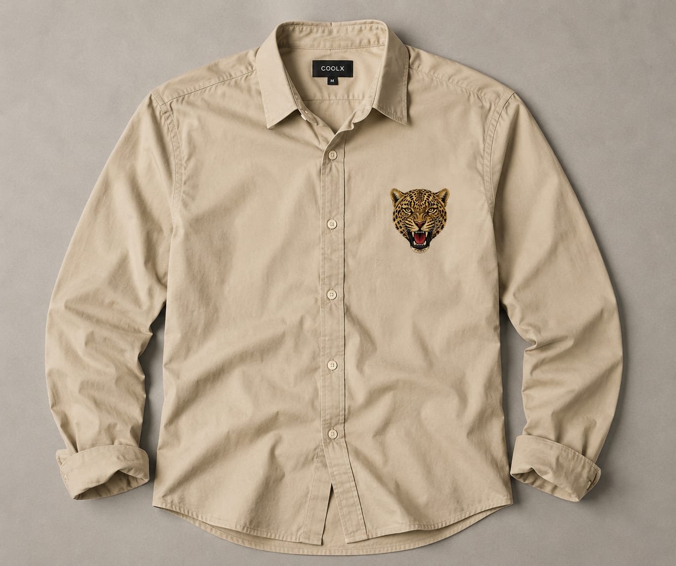 COOLX leopard embroidered beige casual shirt