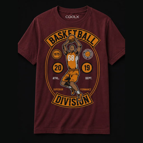 COOLX Basketball Division T-Shirt in maroon, front