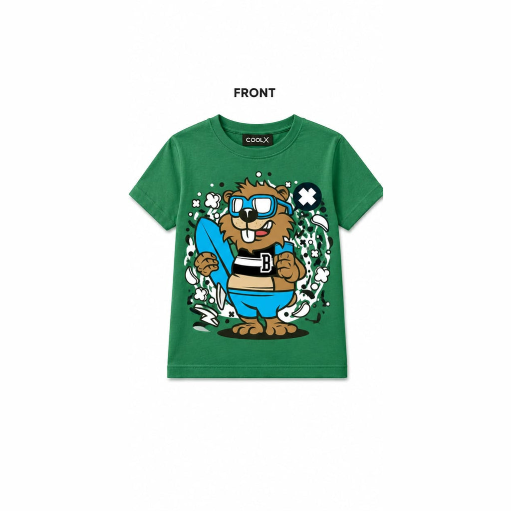 COOLX Surfer Beaver Kids T-Shirt in green, front