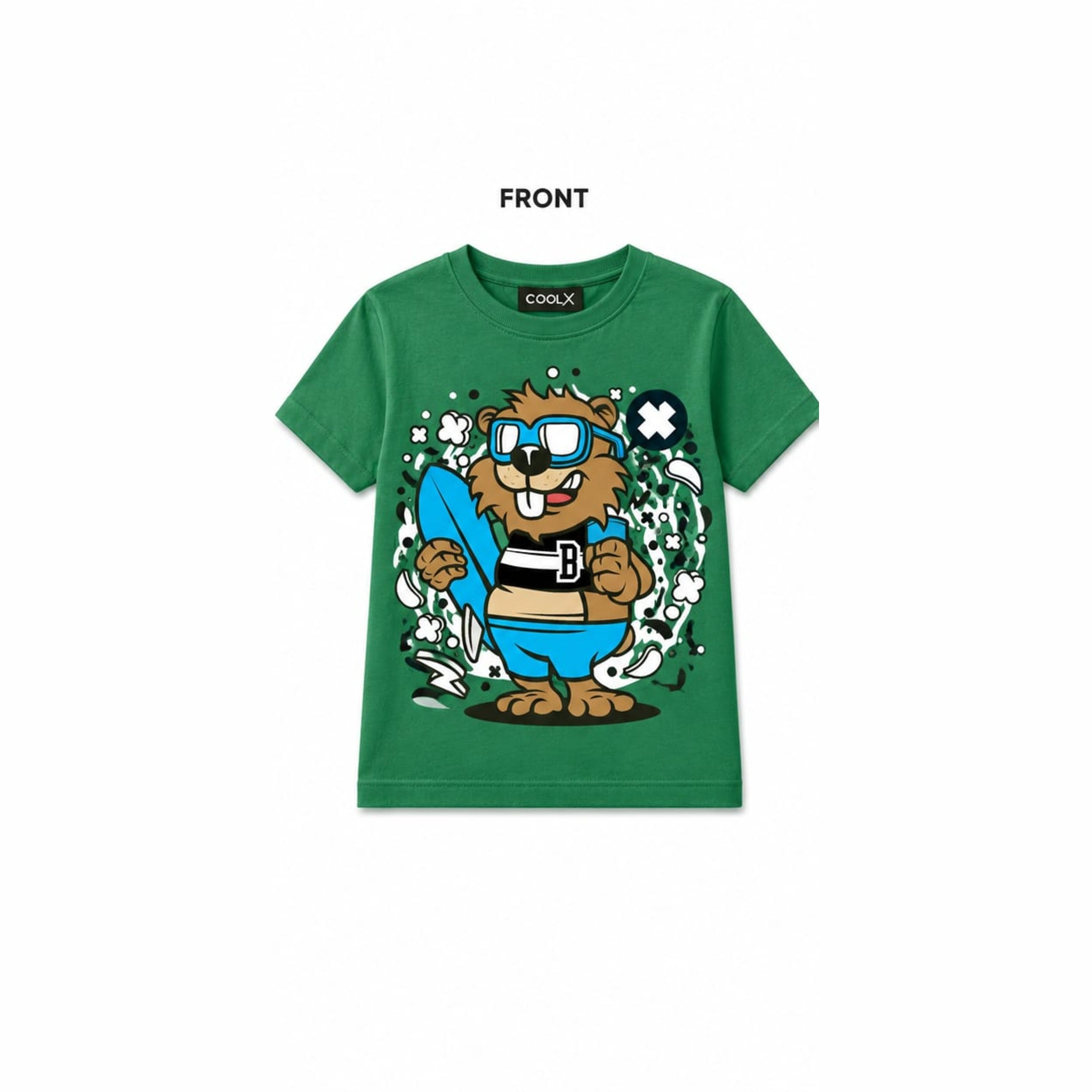 COOLX Surfer Beaver Kids T-Shirt in green, front