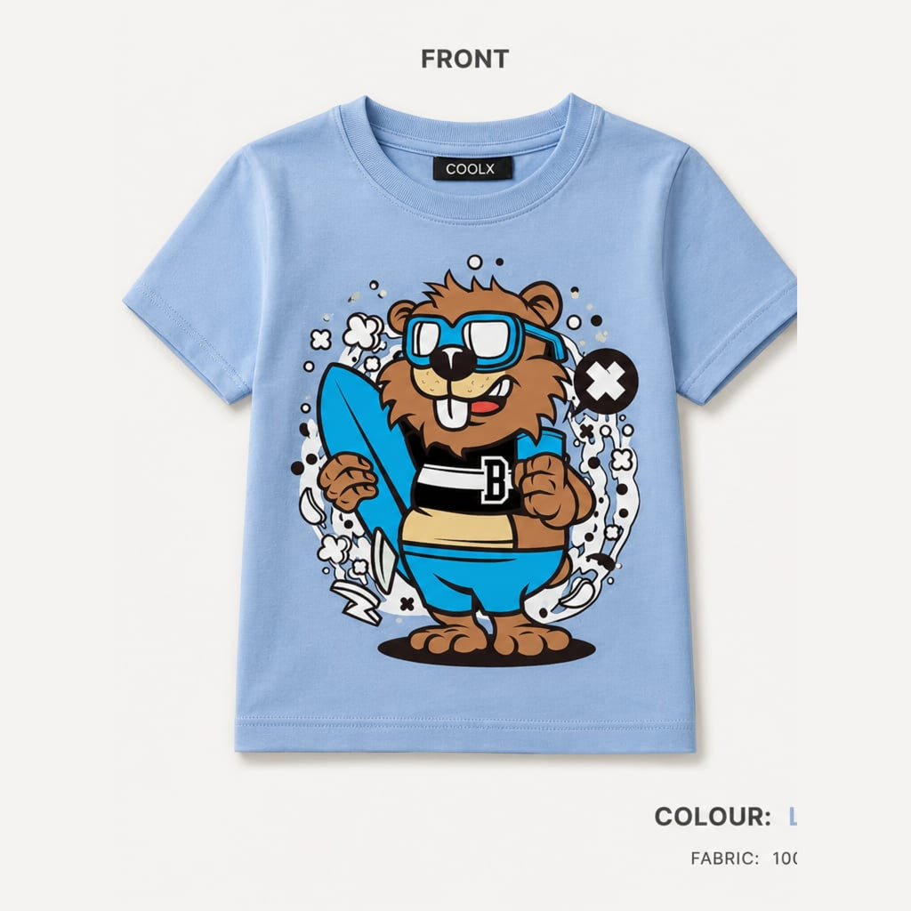 COOLX Surfer Beaver Kids T-Shirt in light blue, front