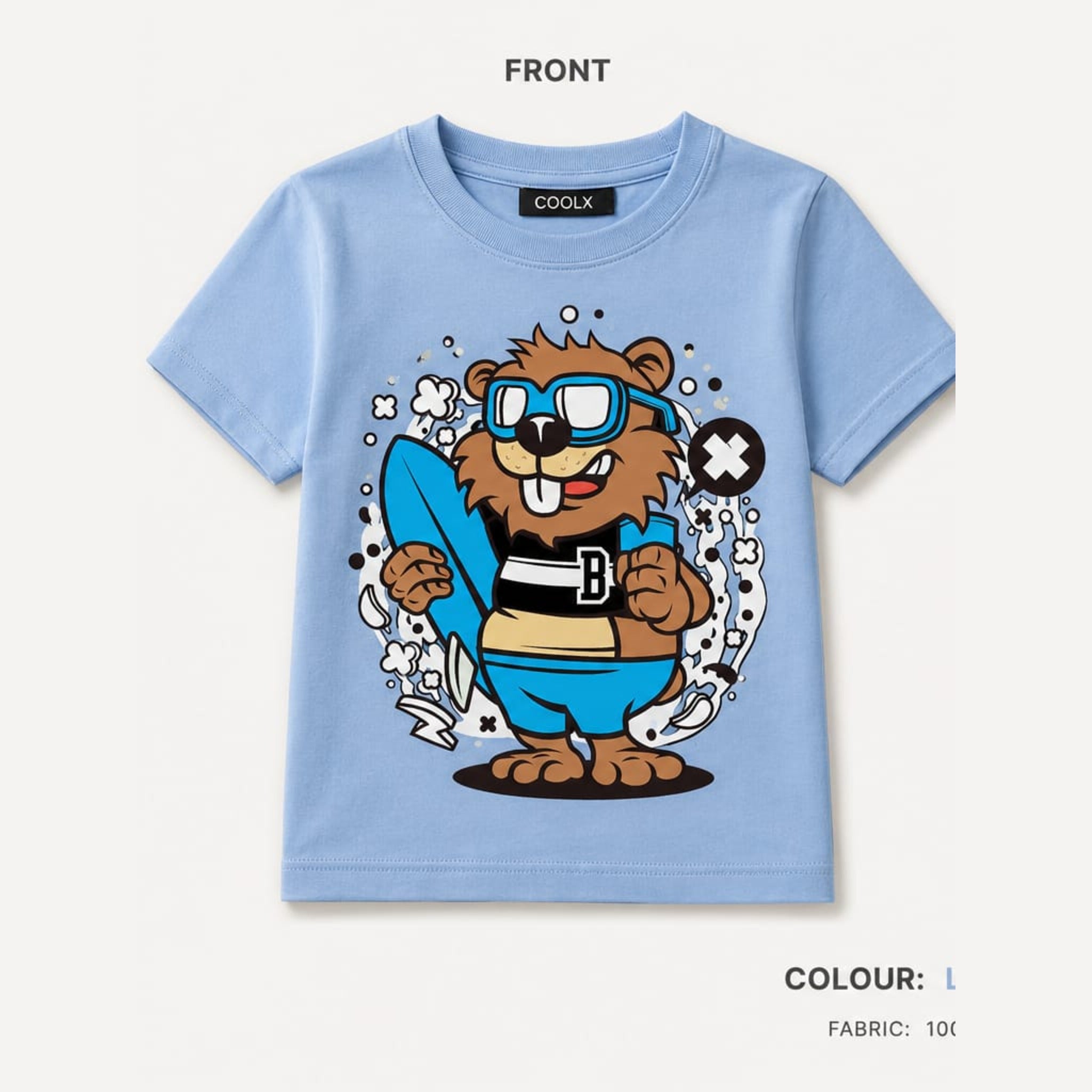 COOLX Surfer Beaver Kids T-Shirt in light blue, front