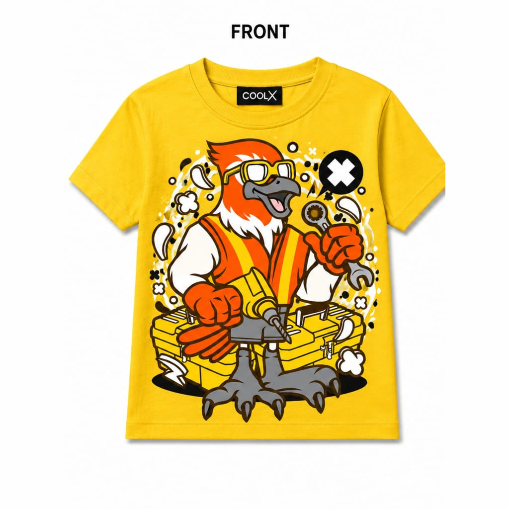 COOLX Mechanic Bird Kids T-Shirt in yellow, front