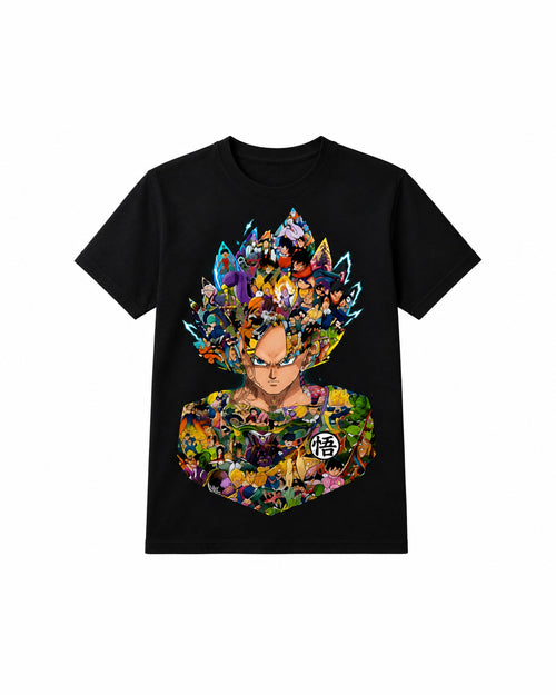 Anime Warrior Character Collage Graphic Printed Black T-Shirt