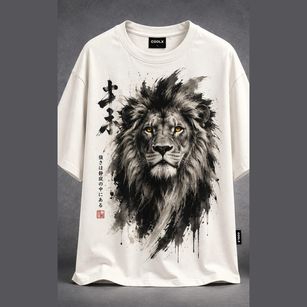 COOLX Sumi-e Lion Oversized T-Shirt in cream, front
