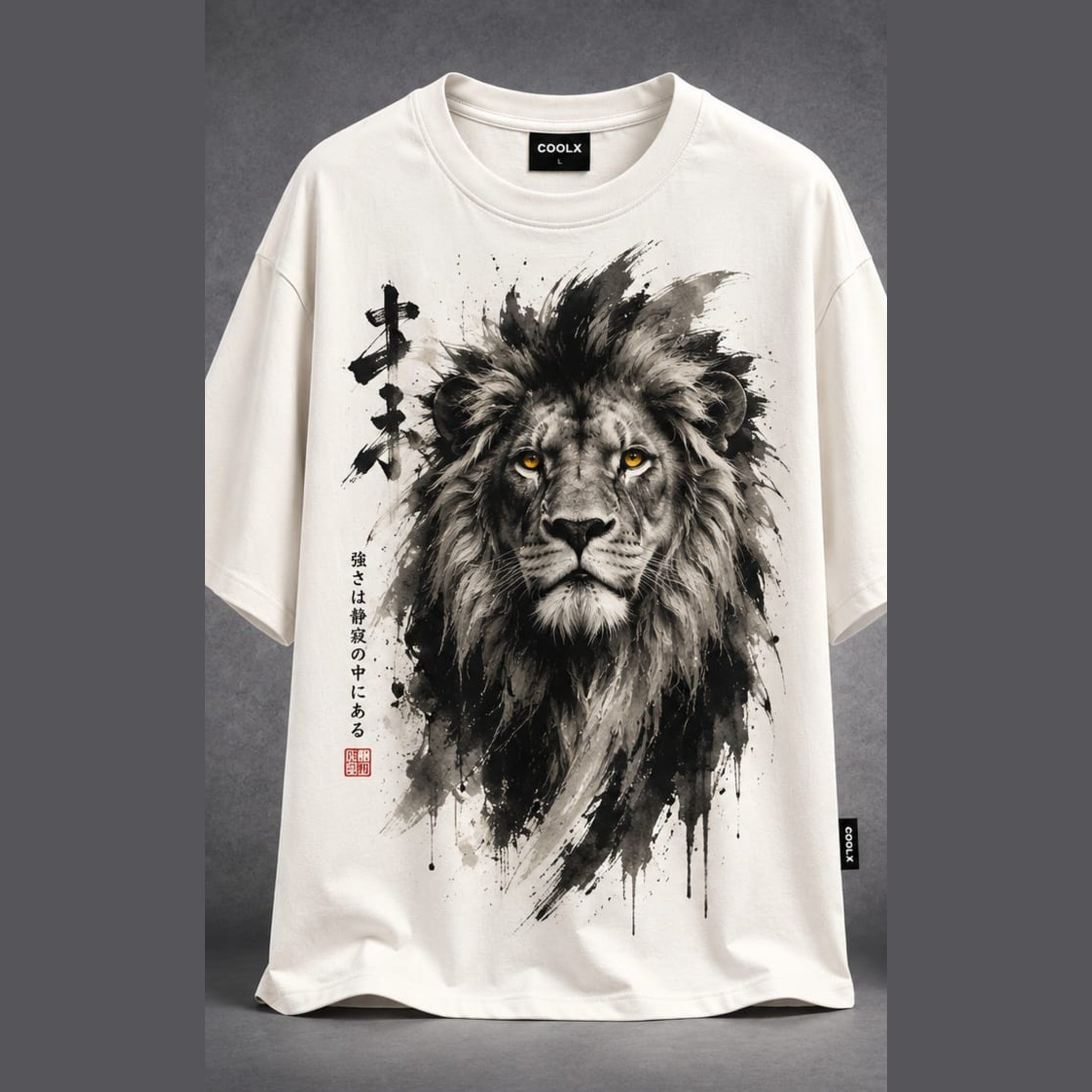 COOLX Sumi-e Lion Oversized T-Shirt in cream, front